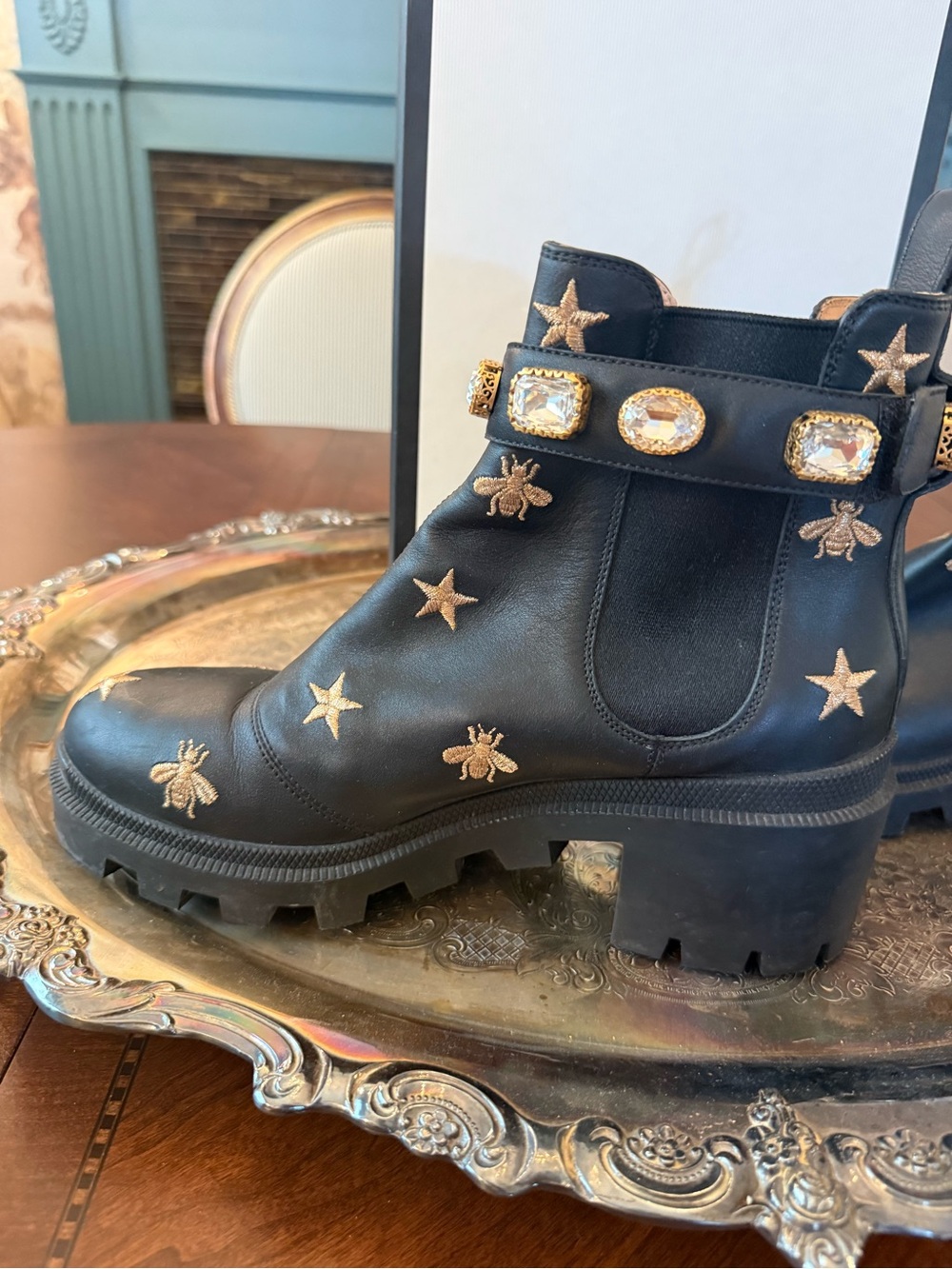 Gucci Black Woman’s Bee & Star Embroidered Chelsea Boots with Jeweled Strap - Picture 7 of 9
